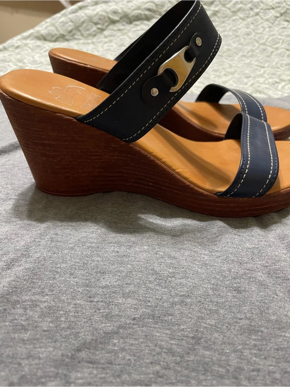 Italian Shoemakers Navy Leather Double-Strap Wedge Sandals
